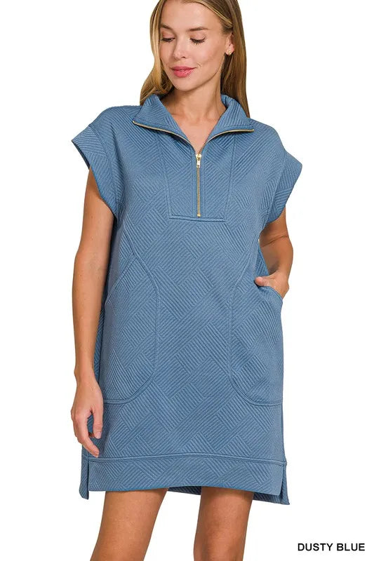 Zenana Textured Knit Jacquard Quarter Zipper Mini Dress