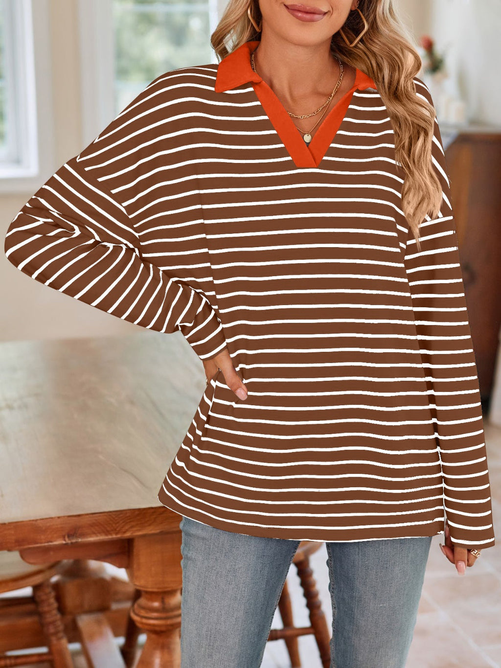 Lovelet Striped Johnny Collar Long Sleeve T-Shirt