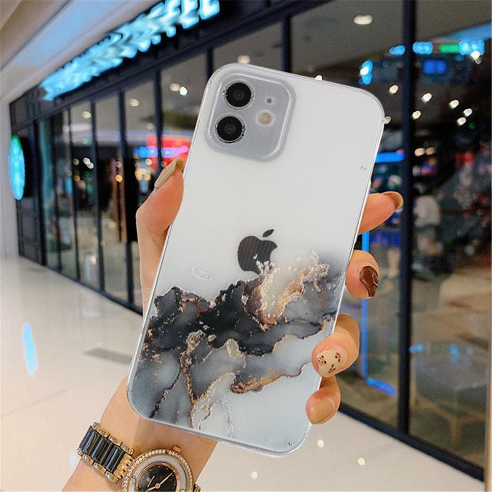 Clear Watercolor Marble Texture Phone Case For iPhone 11 Pro Max 11 Mini X XR XS Max 7 8 6s Plus Soft Back Cover Gold-Plated Silicone Mobile Phone Case Bumper Scratch-Resistant Protective Case