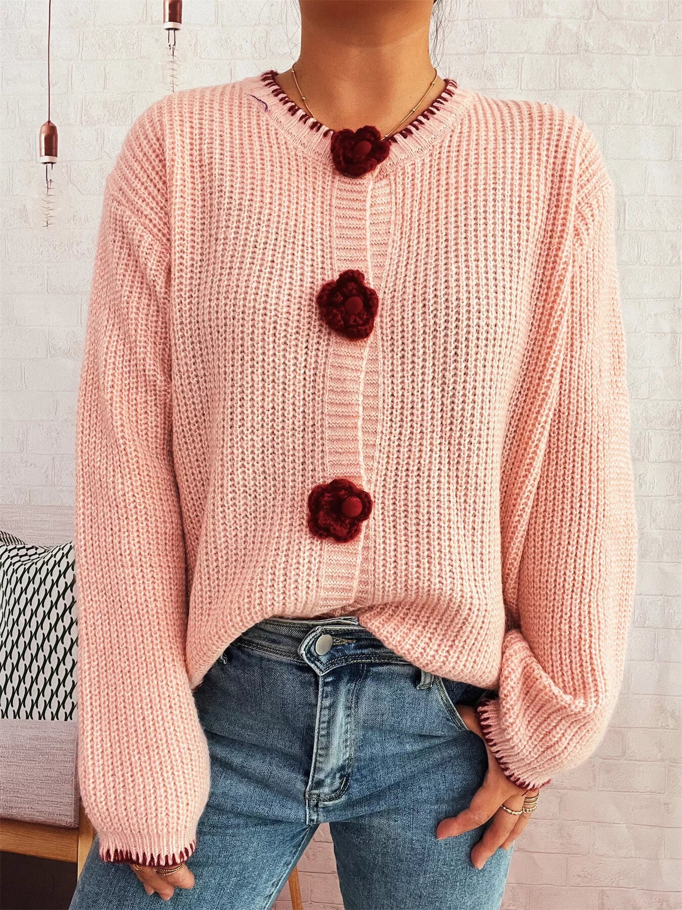 Flower Button Long Sleeve Cardigan