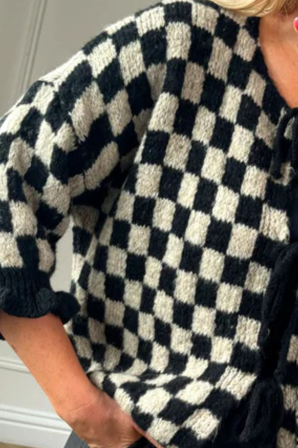 Back To School Sweater - Double Take Tied Checkered Dropped Shoulder Flounce Sleeve Cardigan