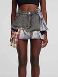 Raw Hem Denim Mini Skirt with Plaid Patch Details