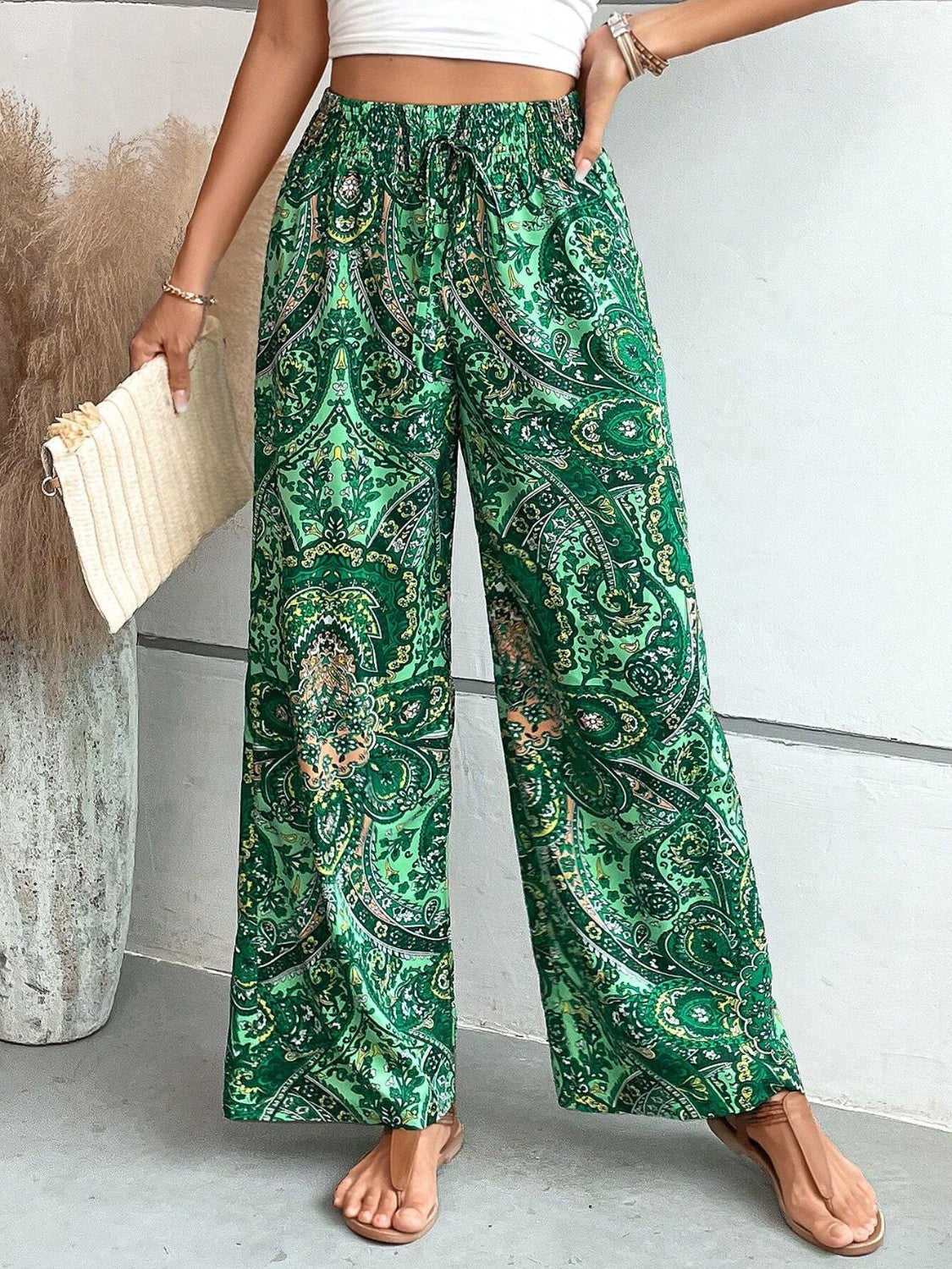 Tie Waist Printed Wide Leg Pants
