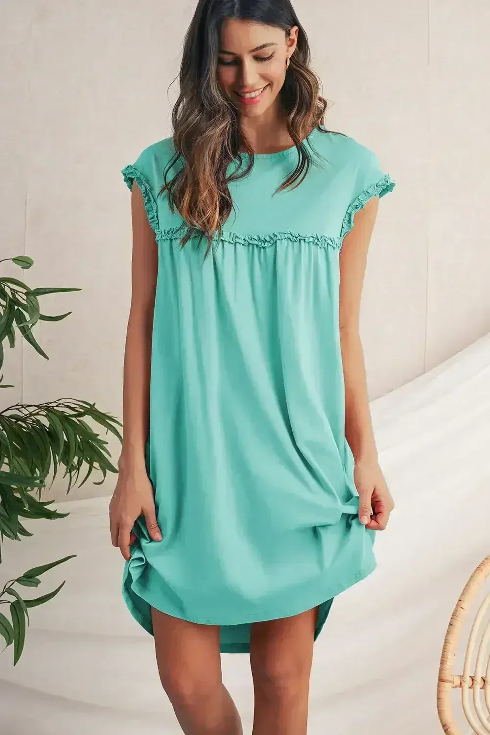 Oatmeal Frilled Trim Crewneck Loose Fit Mini Dress