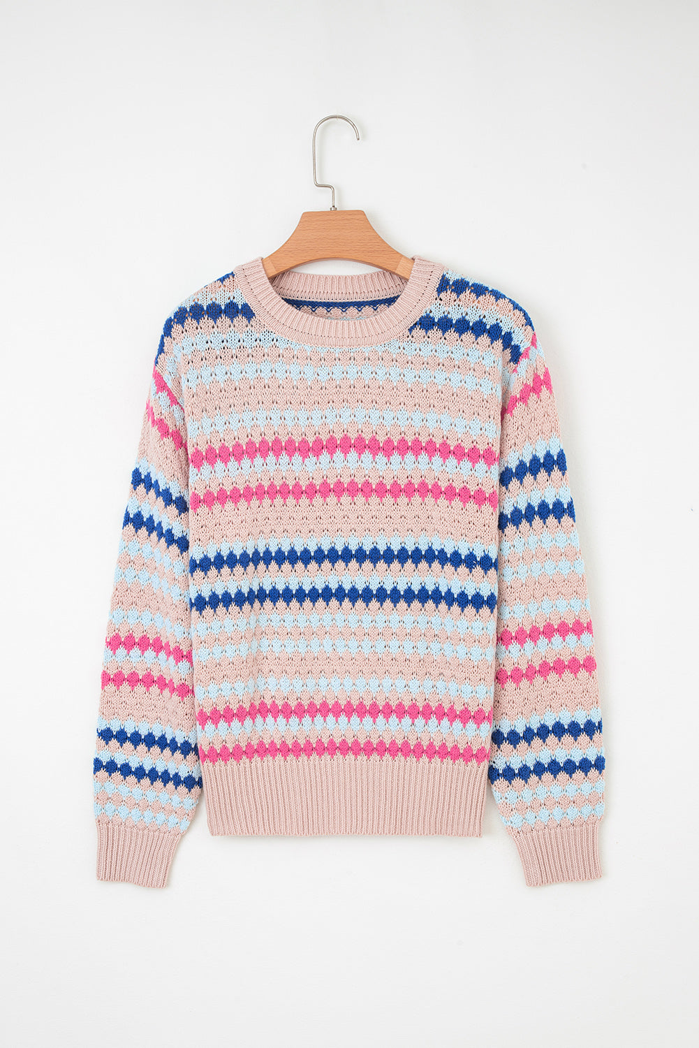 Khaki Striped Eyelet Pattern Drop Shoulder Sweater