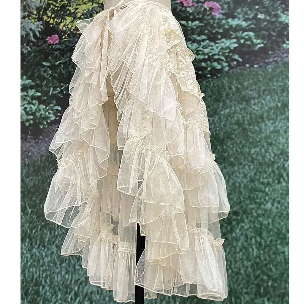 Double-Layered Waist Curtain Skirt - Asymmetrical Ruffle High-Low Cover-Up
