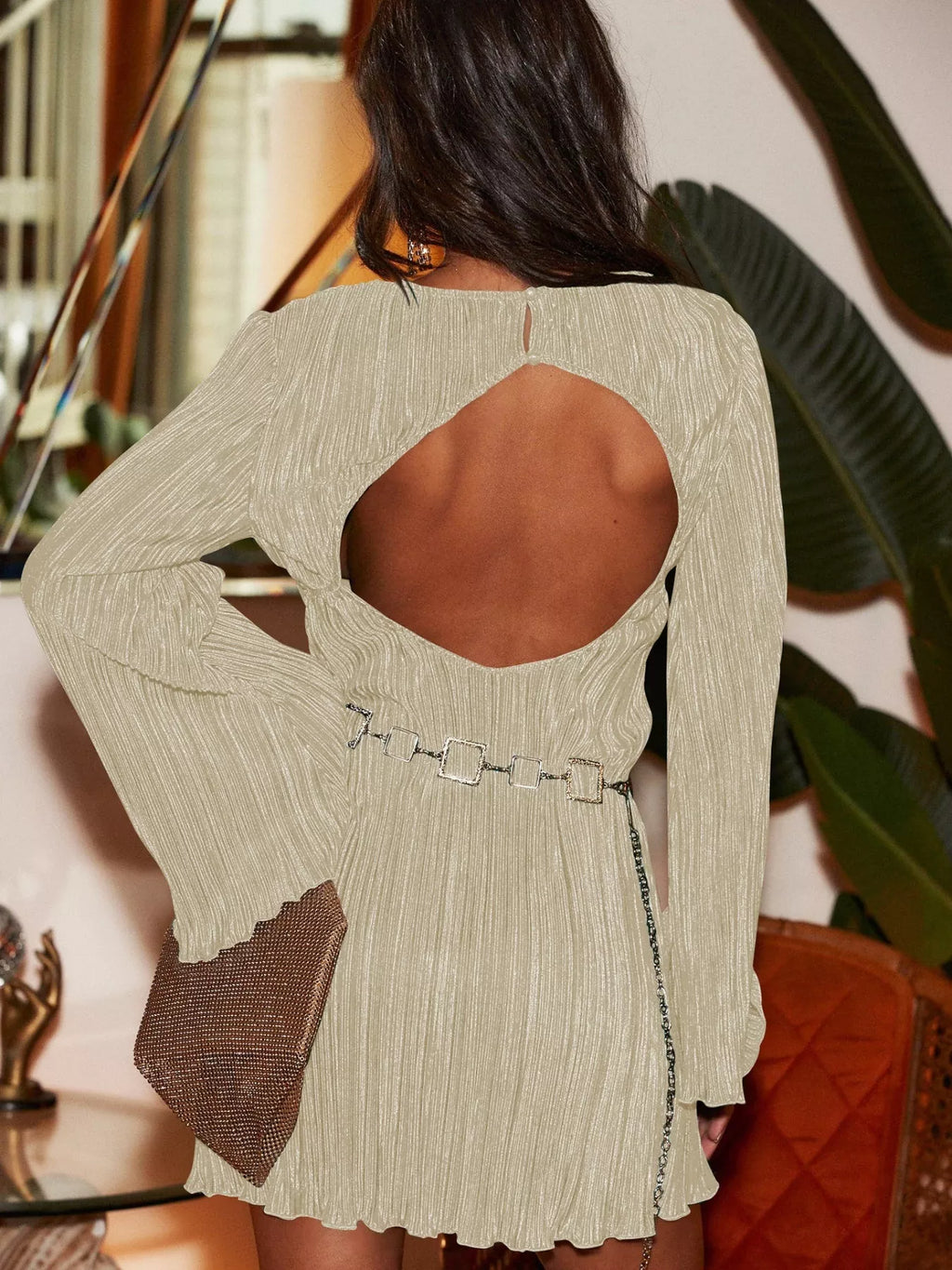 Cutout Back Flare Sleeve Dress