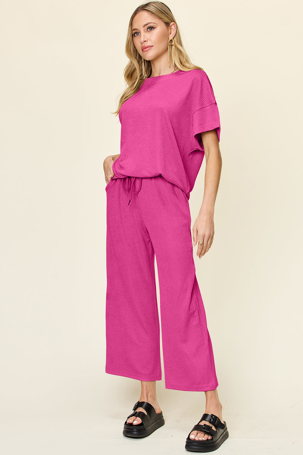 Textured Knit Top and Wide Leg Pant Set