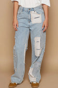 POL Contrast Patched Raw Hem Straight Jeans