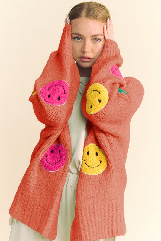 Back To School Sweater - Davi & Dani Fuzzy Smile Open Front Long Sleeve Cardigan