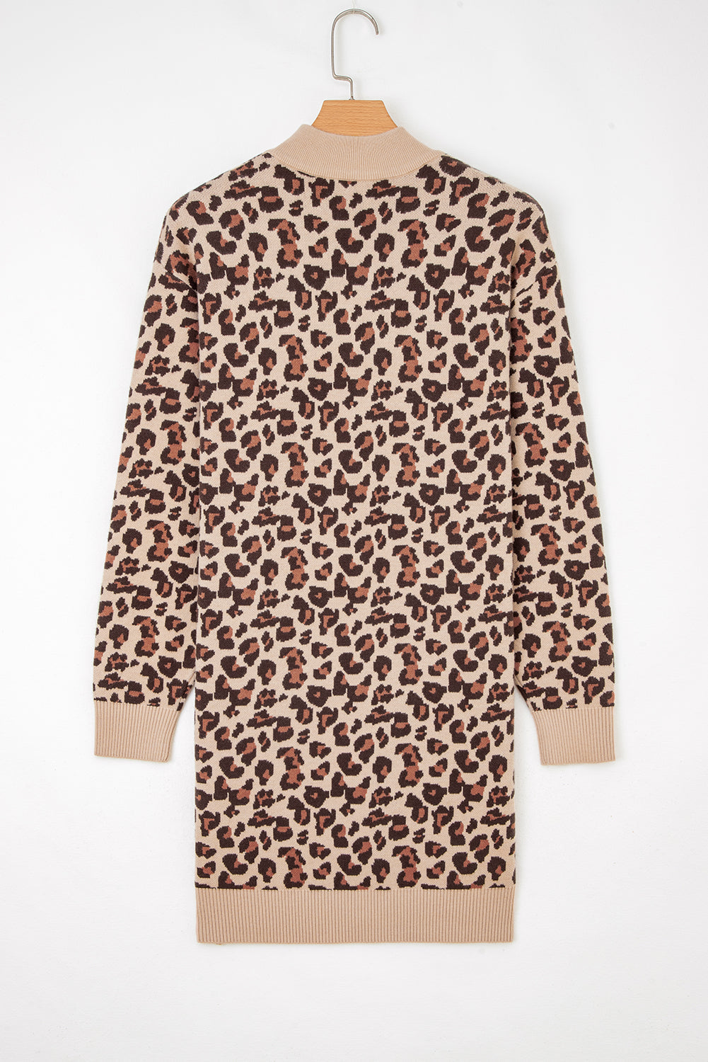 Khaki Leopard Print High Neck Shift Mini Sweater Dress - Femstylo