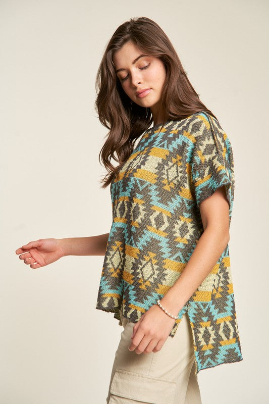 Back To School Sweater - Davi & Dani High-Low Geometric Round Neck Knit Top