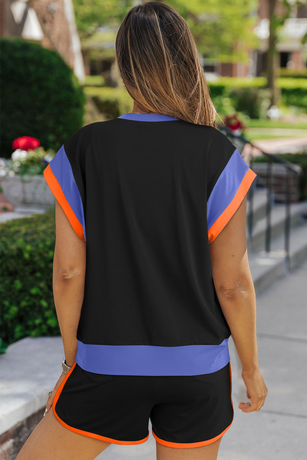 Polyester Two-Piece Set with Contrast Top & Shorts