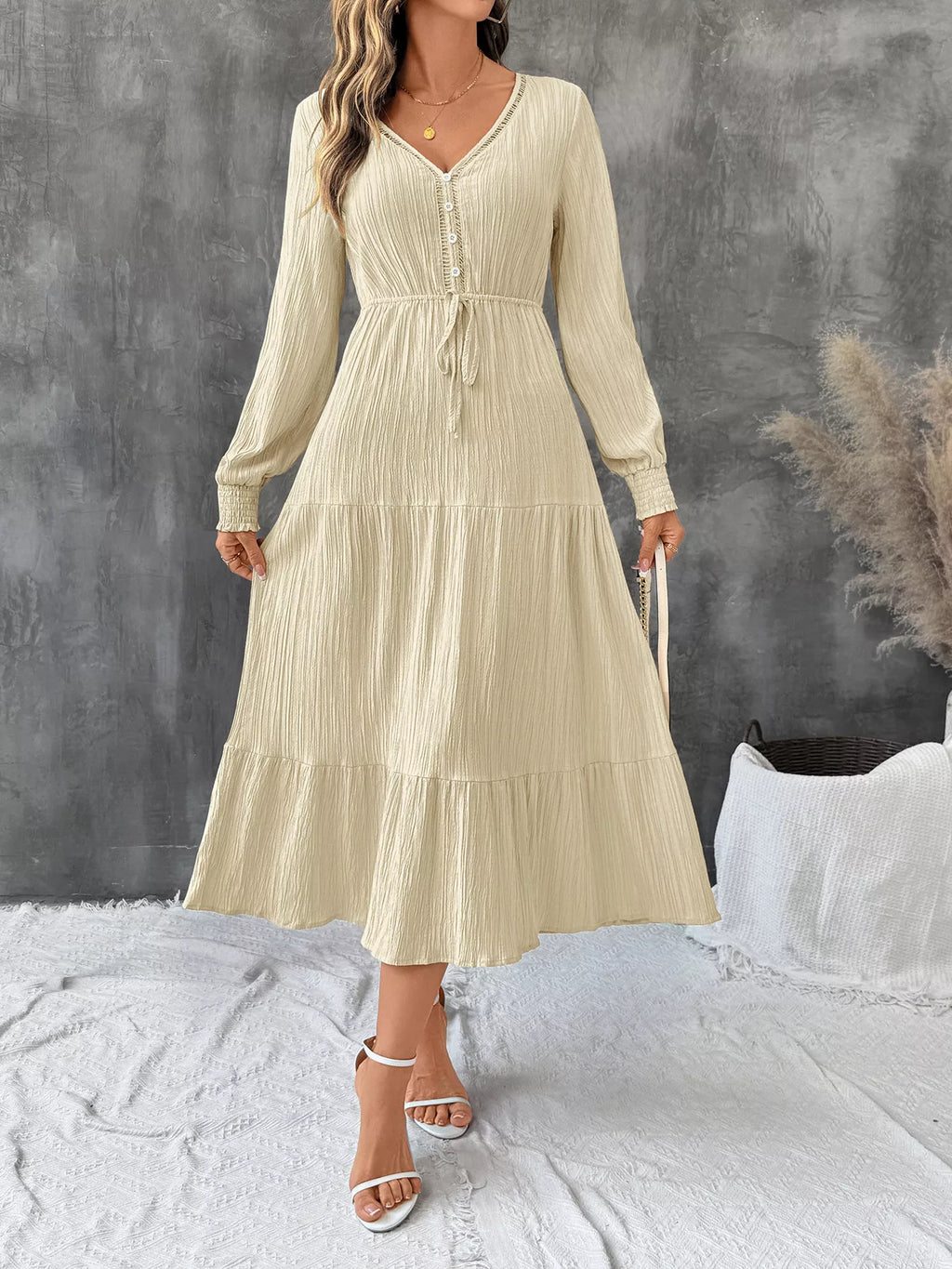 Tiered V-Neck Long Sleeve Dress