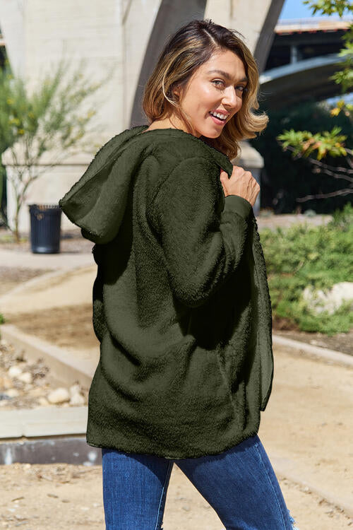 Women Full Size Teddy Hooded Jacket with Pockets Cozy Casual Jacket Comfortable Women Jacket