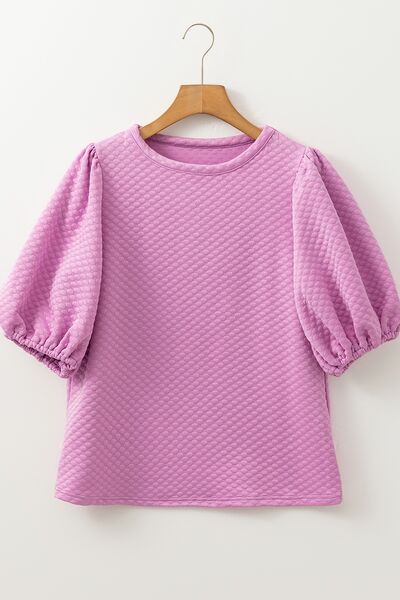 Textured Round Neck Puff Sleeve Blouse