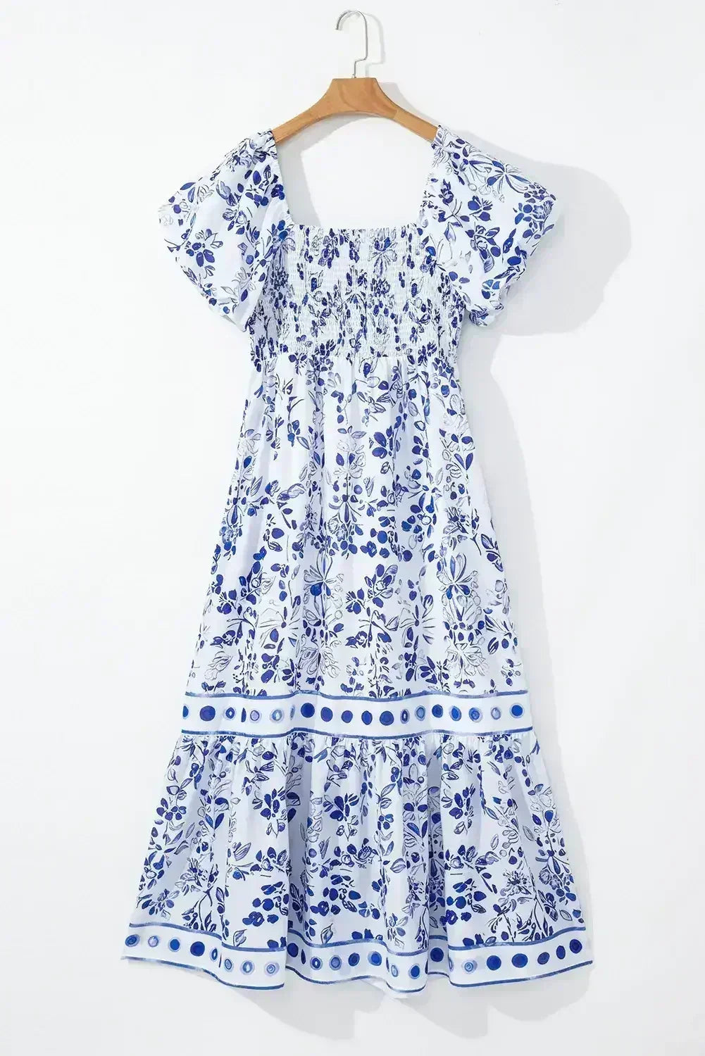 Sky Blue Floral Print Square Neck Bubble Sleeve High Waist Maxi Dress