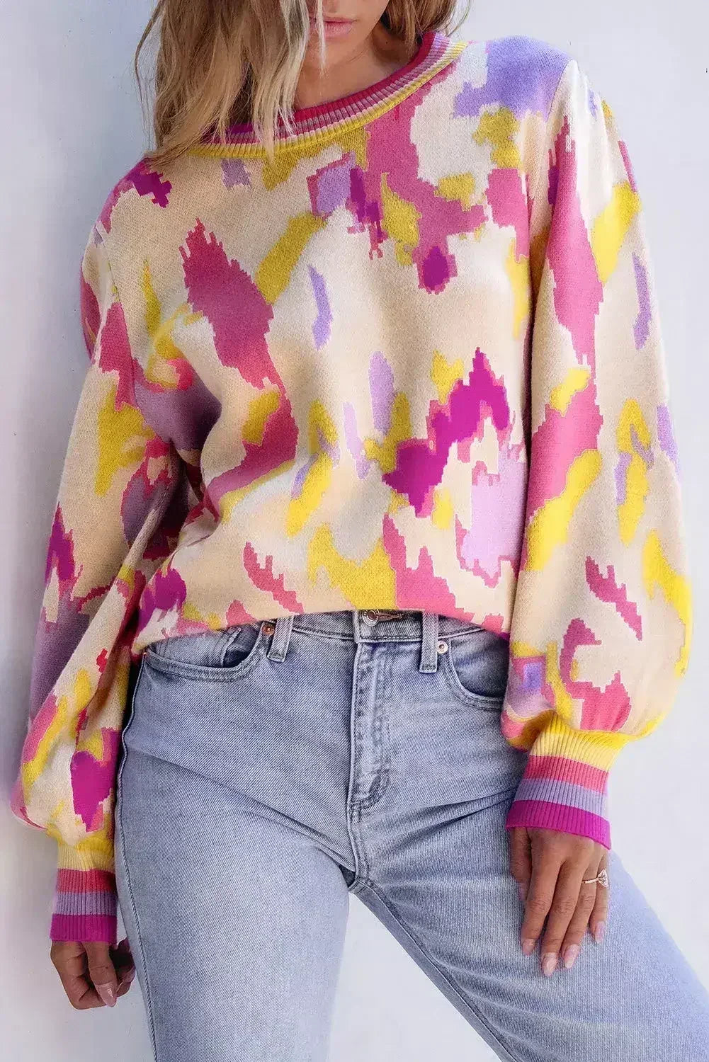 Abstract Balloon Sleeve Sweater - Colorblock Knit | Femstylo