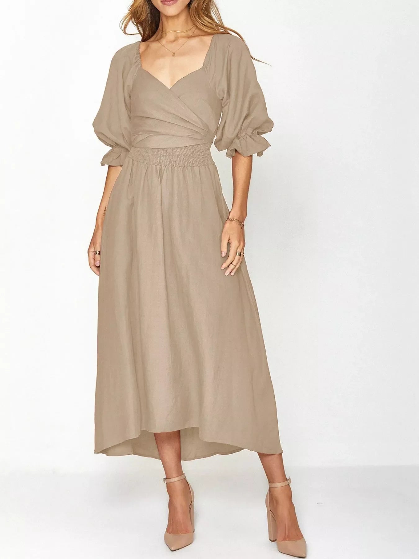 Smocked Puff Sleeves Midi Dress