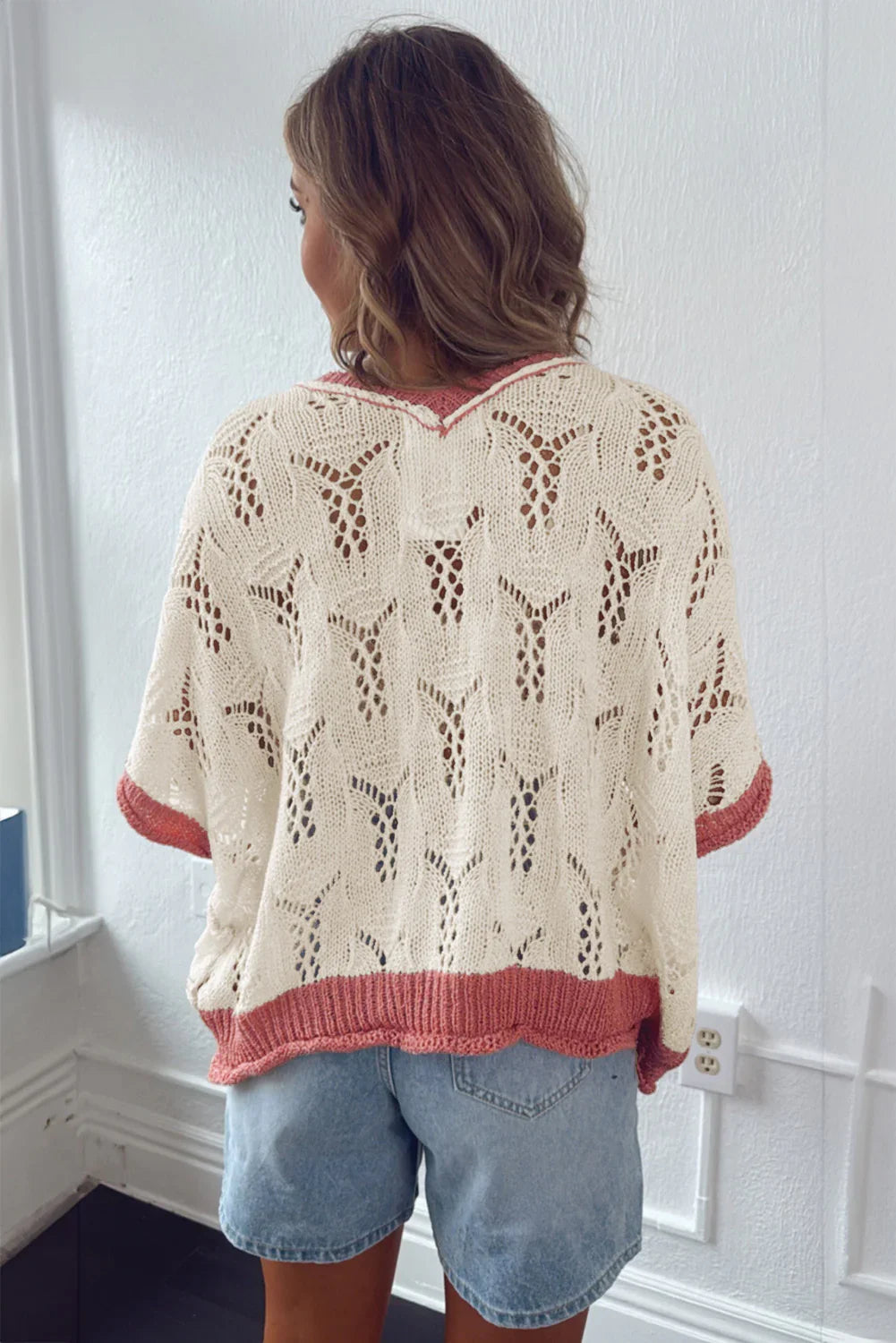 Delicacy Flowers Colorblock Edge Hollow Crochet Knit Top