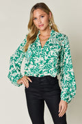 Printed Ruffle Balloon Sleeve Button-Down Top