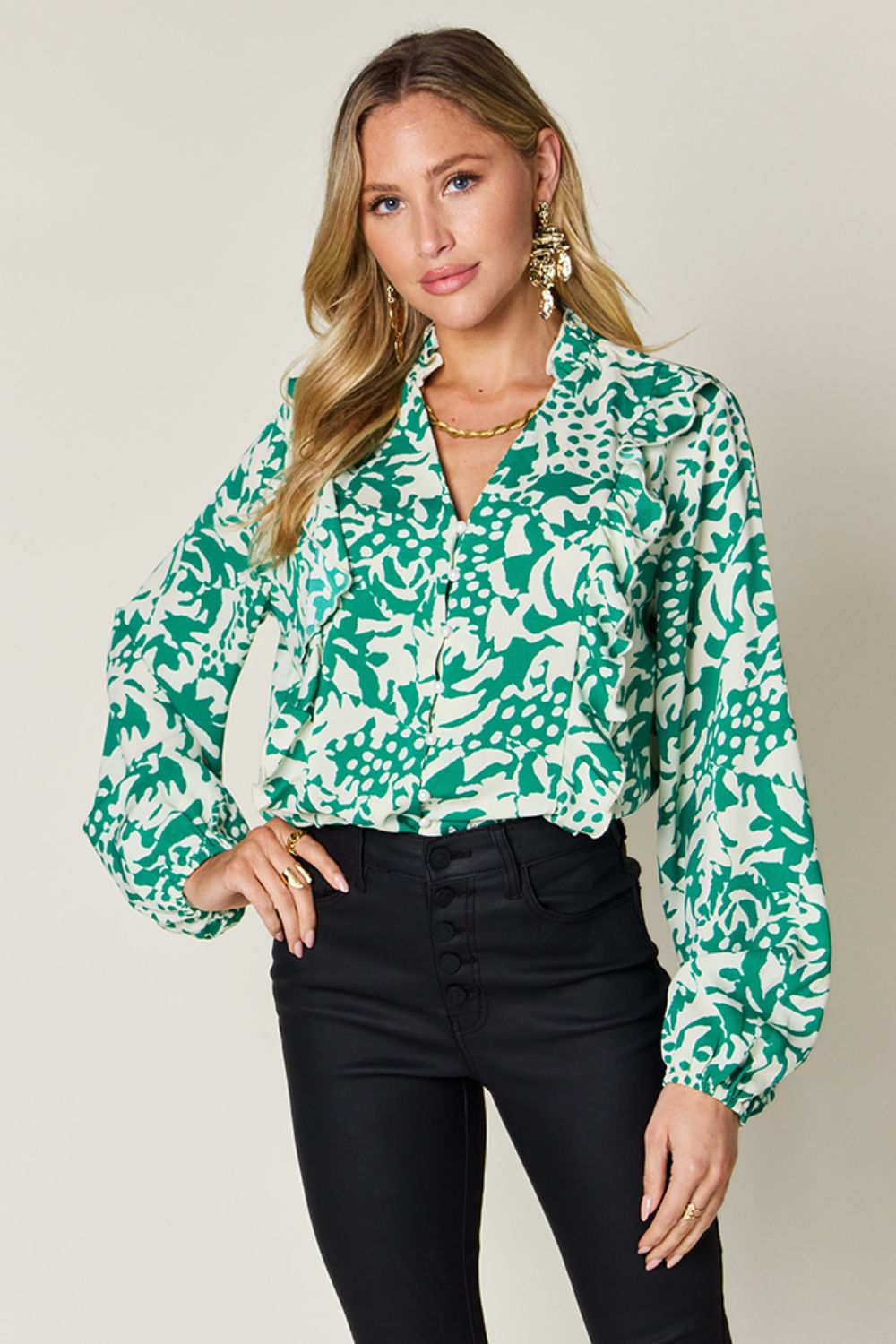 Printed Ruffle Balloon Sleeve Button-Down Top
