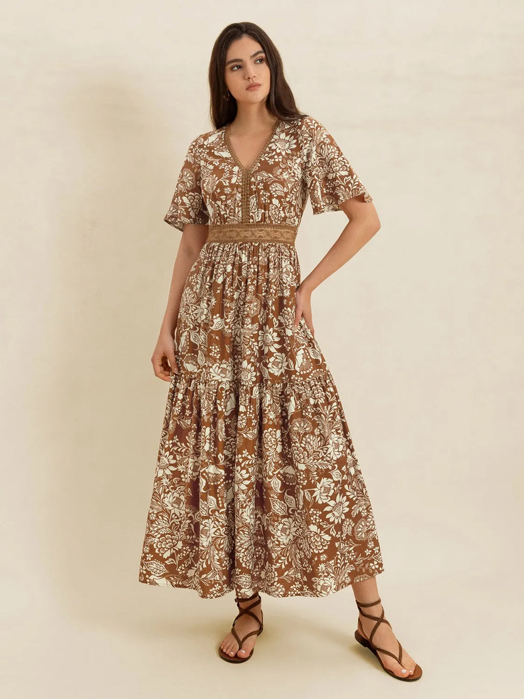 Lace Detail Printed Short Sleeve Midi Dress