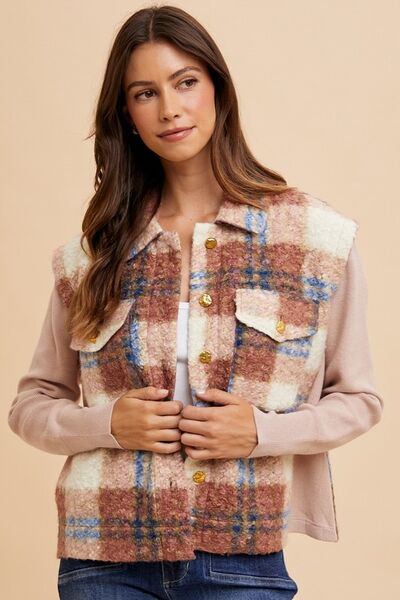 Women Brown Faux Fur Plaid Button-Up Jacket Soft Jacket For Girls Jacket With Closure