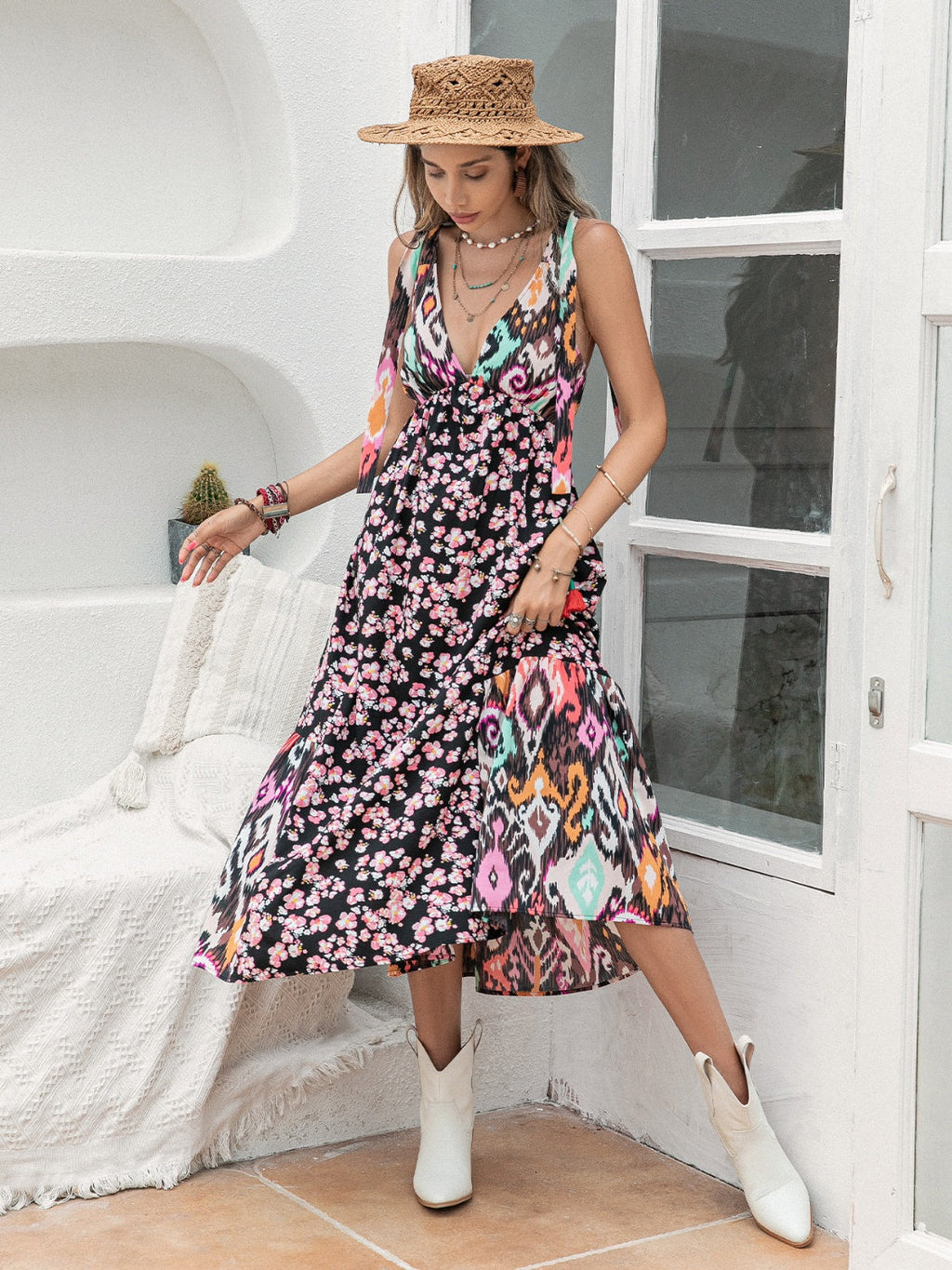 Plunge Neck Midi Dress