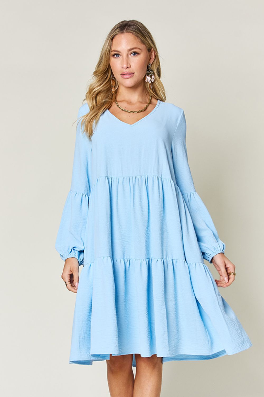 V-Neck Balloon Sleeve Tiered Boho Midi Dress