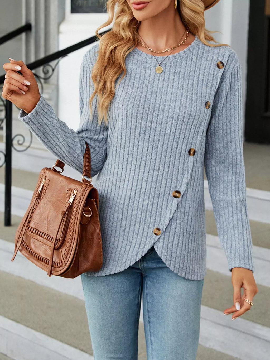 Ribbed Knit Decor Button T-Shirt