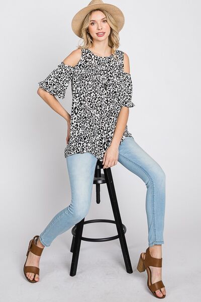 Heimish Full Size Leopard Round Neck Cold Shoulder T-Shirt Plus Size