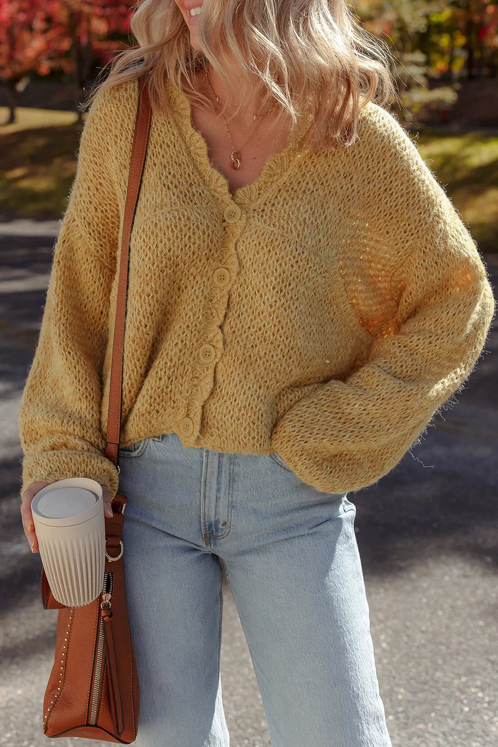Light French Beige Lantern Sleeve Scallop V Neck Buttoned Front Cardigan