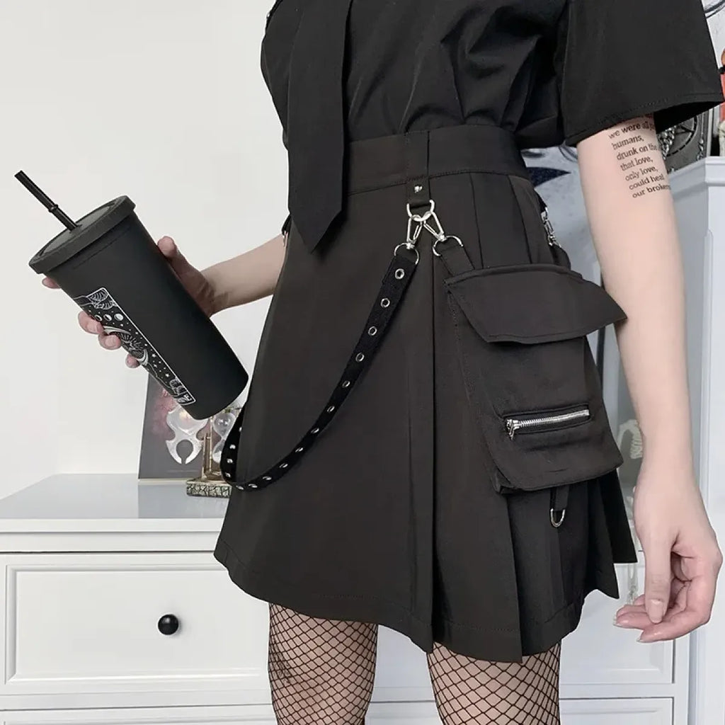 Gothic Punk High Waist Mini Skirt – Chain Straps & Utility Pockets