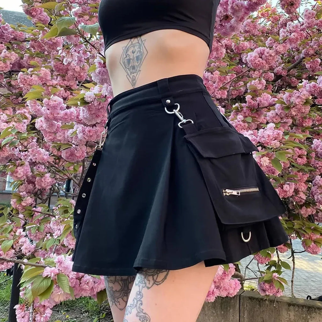 Gothic Punk High Waist Mini Skirt – Chain Straps & Utility Pockets