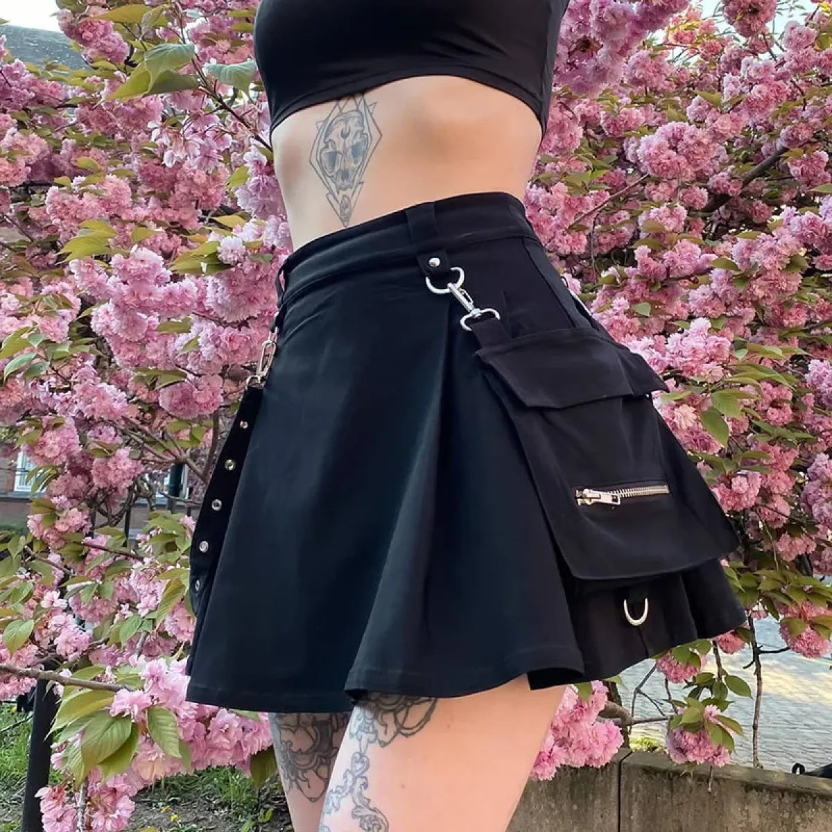 Gothic Punk High Waist Mini Skirt – Chain Straps & Utility Pockets