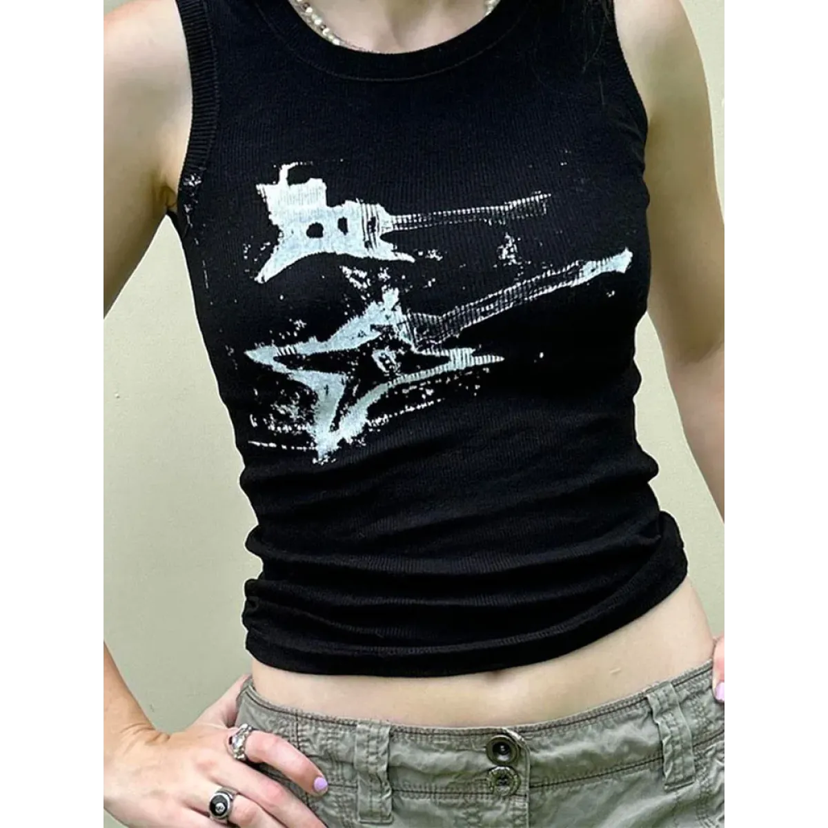Guitar Print Tank Top - Ribbed Grunge Crop Top
