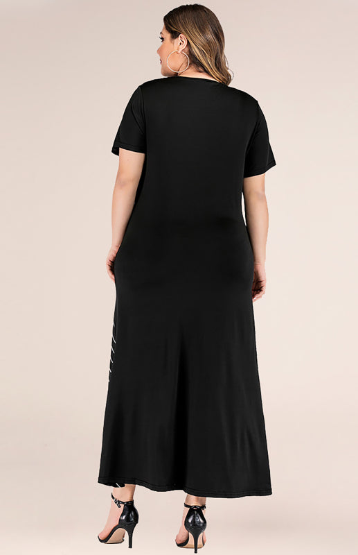 Plus Size Striped Dress - Short Sleeve Round Neck Colorblock Dress