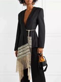 Women's Embroidered Jacquard Blazer with Tassel Hem - Professional Office Wear