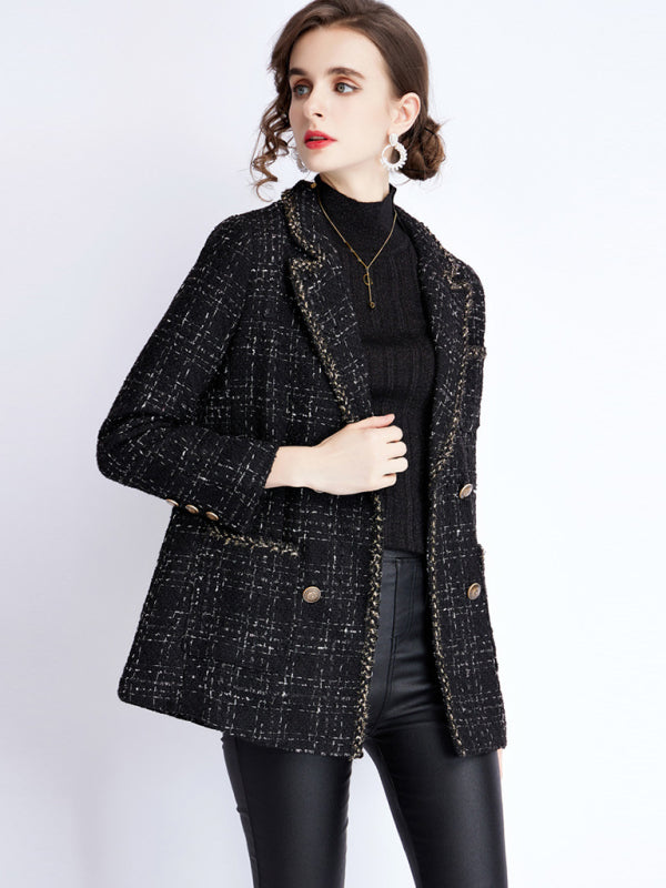 Women's Tweed Blazer Jacket - Long Sleeve - Lapel Collar - Tartan