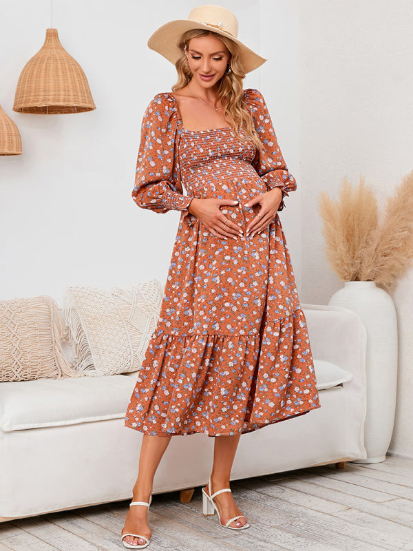 Chiffon Floral Dress - Long Sleeve Polyester Dress for Women