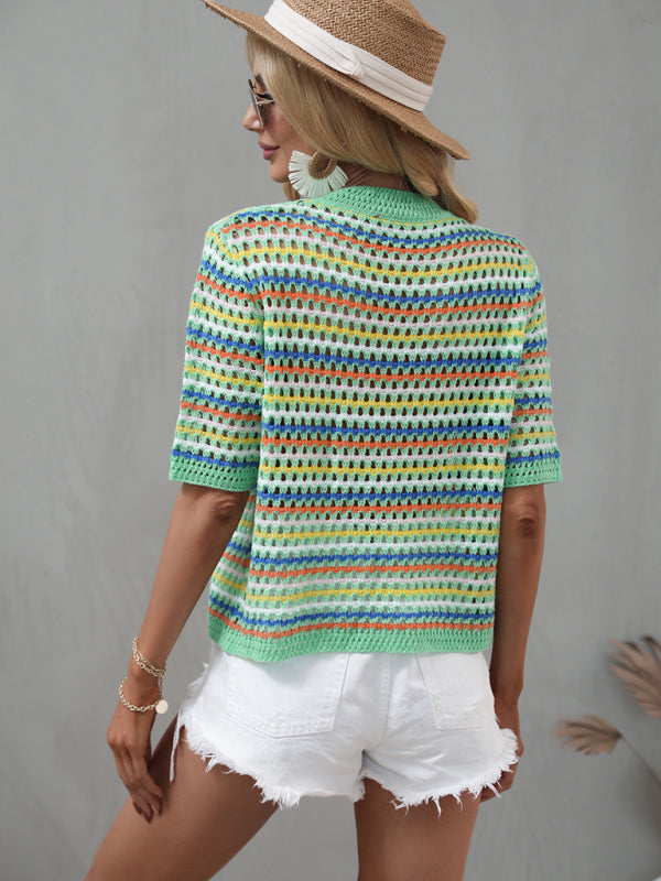 Paneled Hollow Knit Loose Crew Neck Striped Knit Sweater