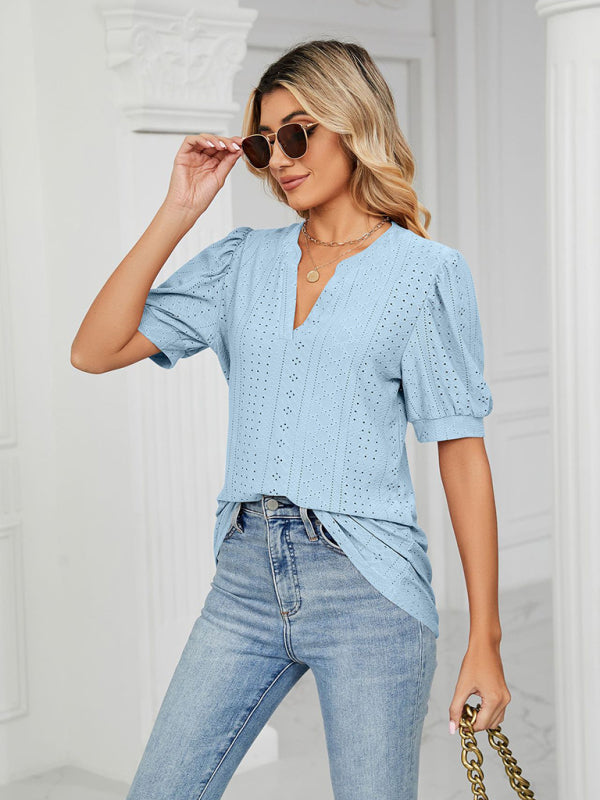 V-Neck Hollow Puff Sleeve Tank Top Rayon Women's Knit Blouse