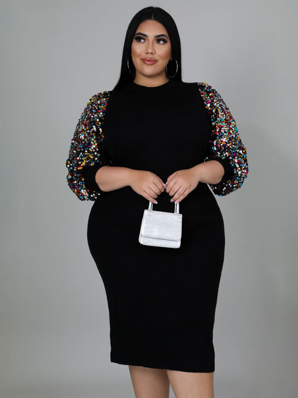 Modern Plus Size Ladies Sexy Solid Color Sequin Puff Sleeve Dress