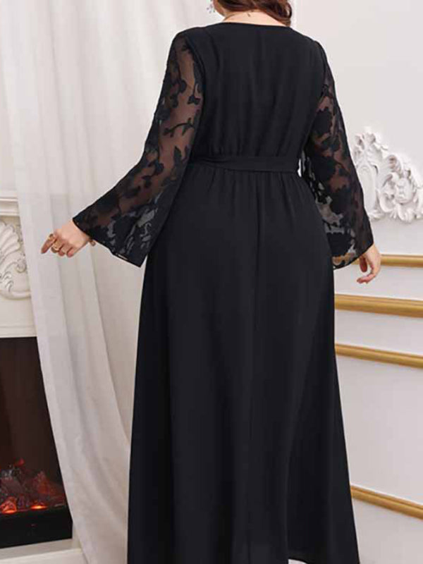 Modern large size high waist black polka dot patchwork dress
