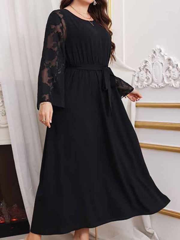 Modern large size high waist black polka dot patchwork dress