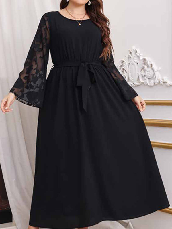 Modern large size high waist black polka dot patchwork dress