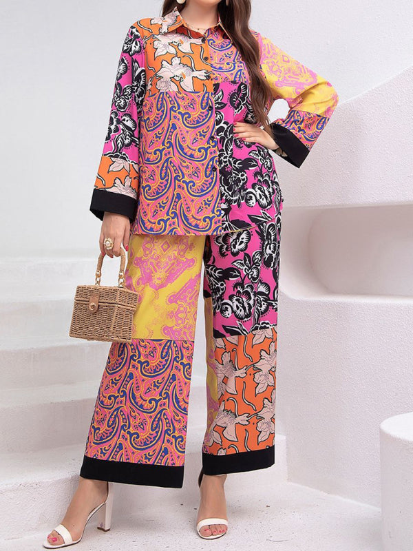 Modern plus size women's loose retro floral shirt suit