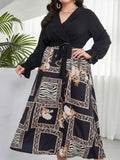 Modern style plus size women's temperament age reduction simple tie print dress