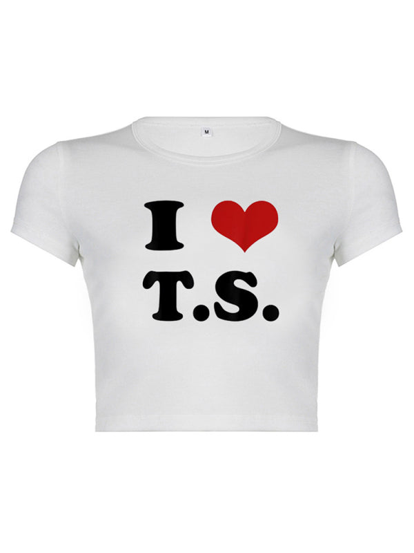 Heart Letter Print Crop Top Short Sleeve Women's T-Shirt